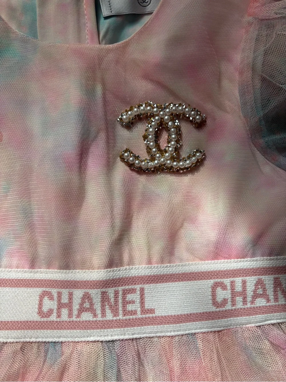 CHANEL Pastel Pink Blue Cream Tulle Dress with CC Brooch. Not original Chanel .